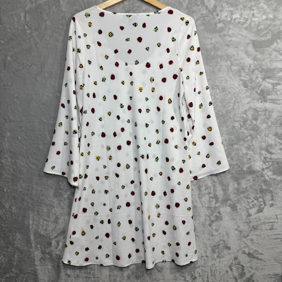 Modcloth Swarming Lady Bug Dress Womens Large White Bell Sleeve Semi Sheer Boho - Picture 2 of 10